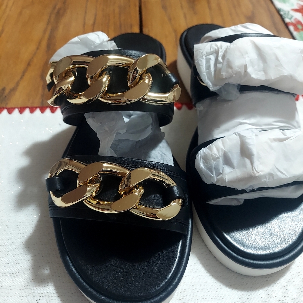 MICHAEL Michael Kors Black Sandal Slides with Gold Chain Detail - Picture 2 of 6